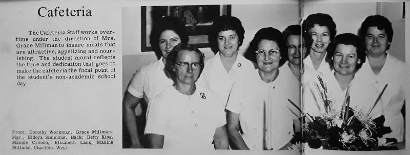 This photo from the 1966 Clipper Yearbook shows the ladies of the Milton Consolidated School cafeteria: in back (l-r) Betty King, Maxine Crouch, Elizabeth Lank, Maxine Millman and Charlotte West; in front Dorothy Workman, Manager Grace Millman and Eldora Simmons. Pam says, “I wish I could have had the chance to sample more of their cooking!”